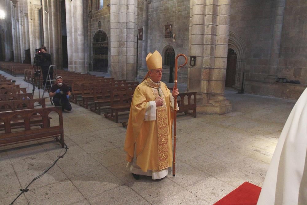 El obispo, Leonardo Lemos, ayer celebrando la ceremonia en la Catedral de Ourense sin gente. // Iñaki Osorio