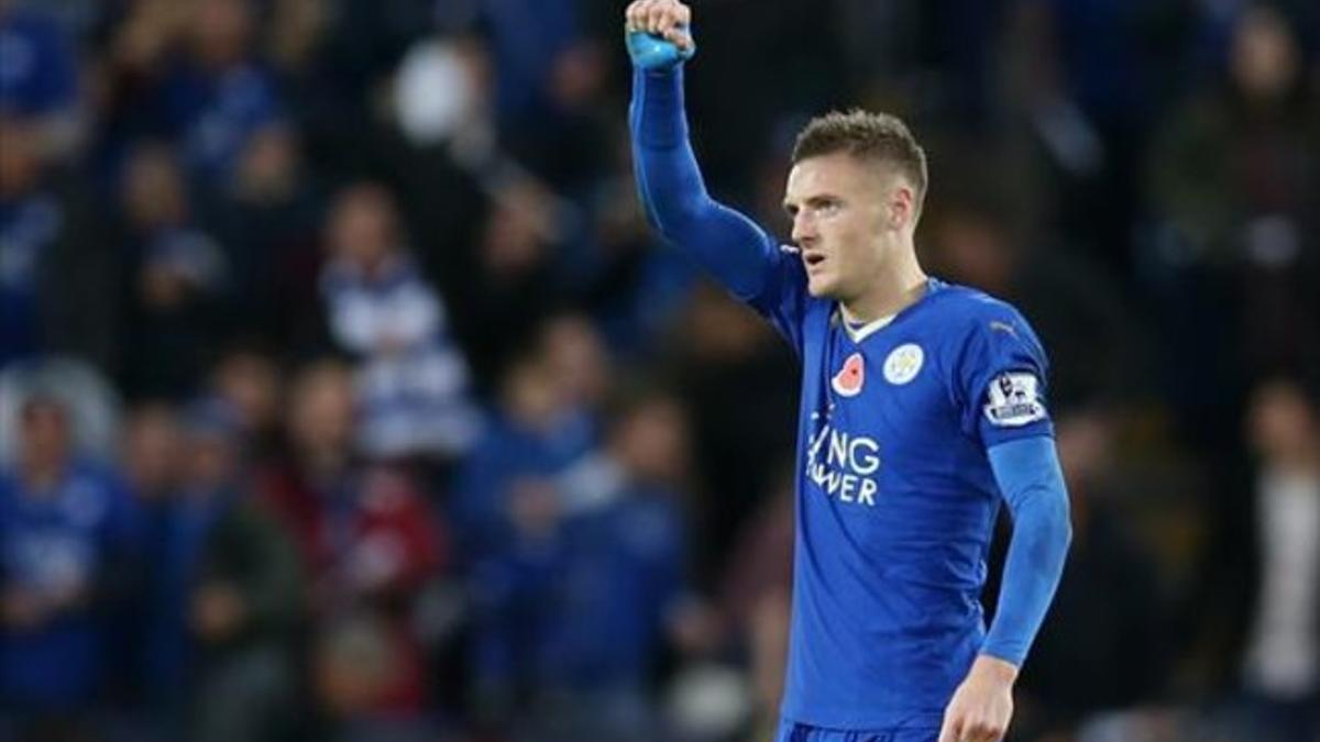 Jamie Vardy celebra su último gol en la Premier, contra el Watford el pasado sábado.