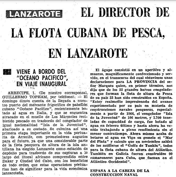 Recorte de un artículo sobre la Flota Cubana de Pesca publicado en LA PROVINCIA el 2 de septiembre de 1969.