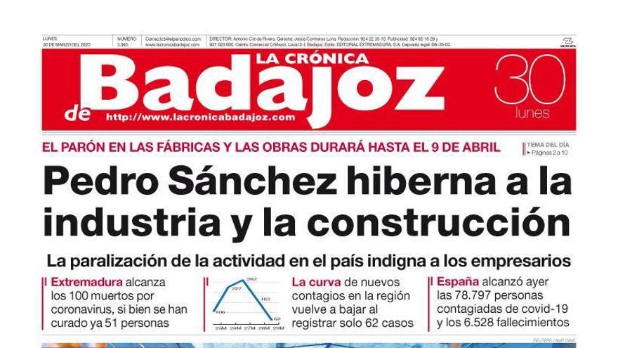 Esta es la portada de LA CRÓNICA DE BADAJOZ correspondiente al día 30 de marzo del 2020