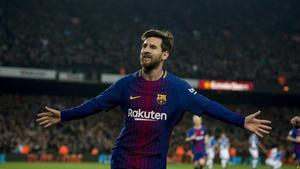 Messi celebra el segundo gol del Barça ante el Espanyol. 