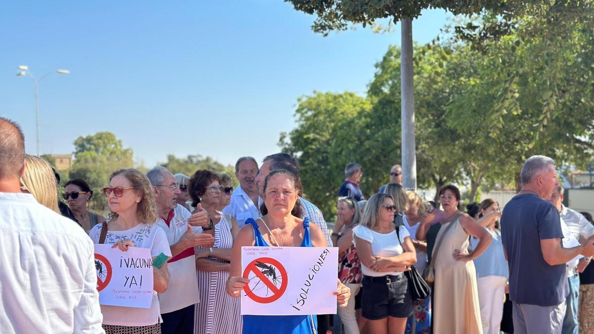 Una mujer alza un cartel reclamando soluciones en la última amnifestación contra el virus del Nilo en La Puebla del Río.