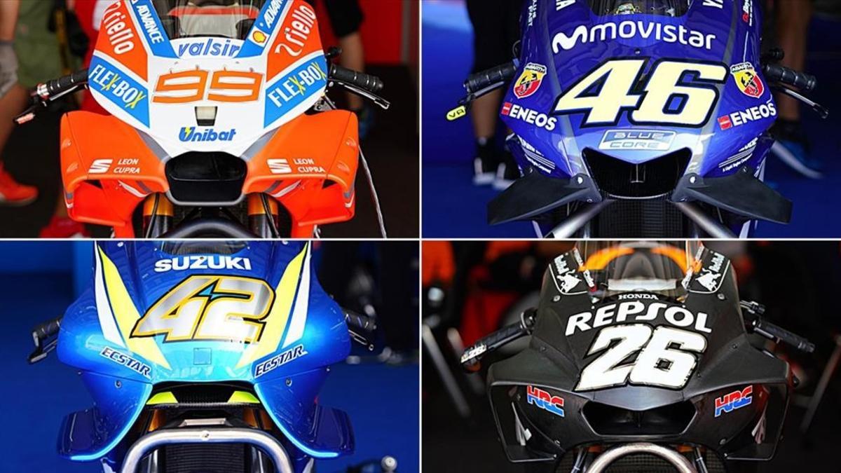 Están son las cúpulas, con todo tipo de artilugios aerodinámicos, de la Ducati (99), Yamaha (46), Suzuki (42) y Honda (26).