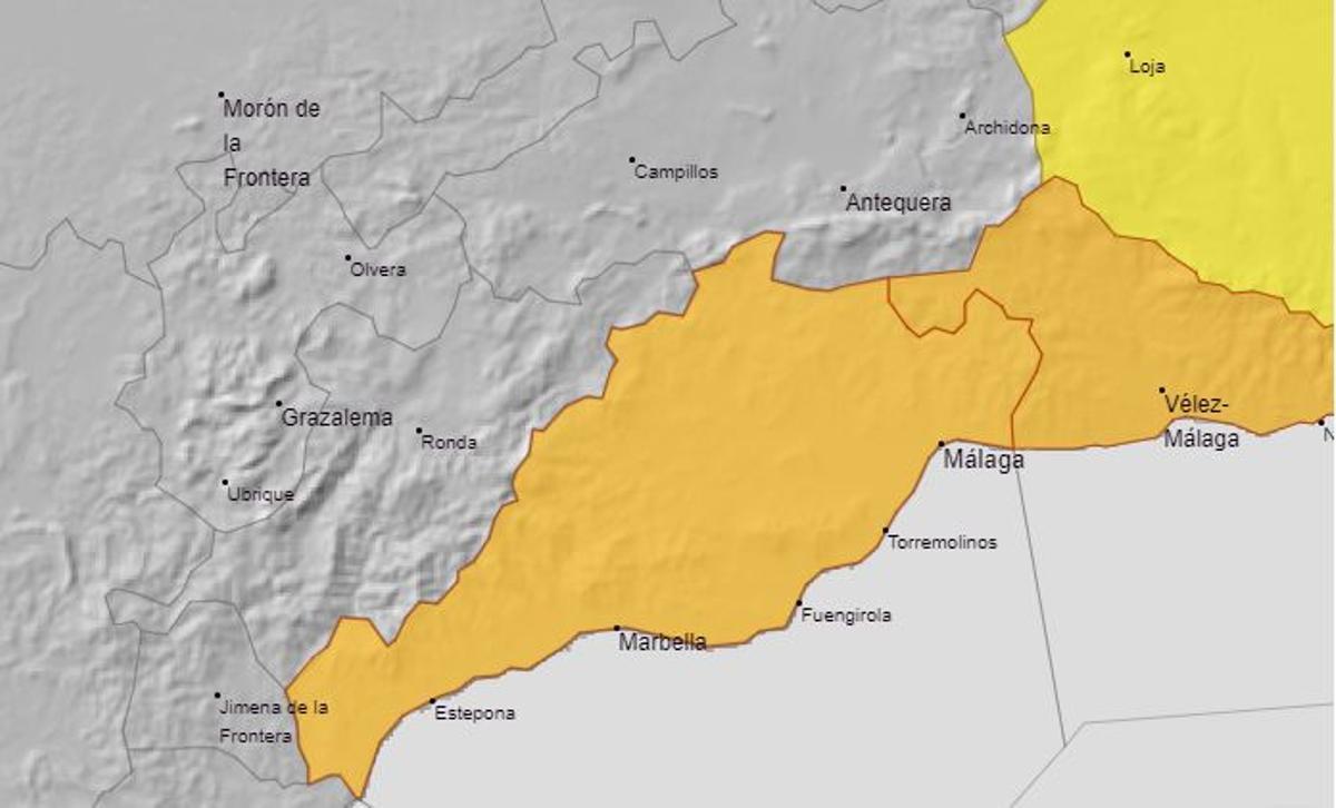 Mapa de la AEMET con el aviso naranja previsto para este sábado en buena parte de la provincia de Málaga