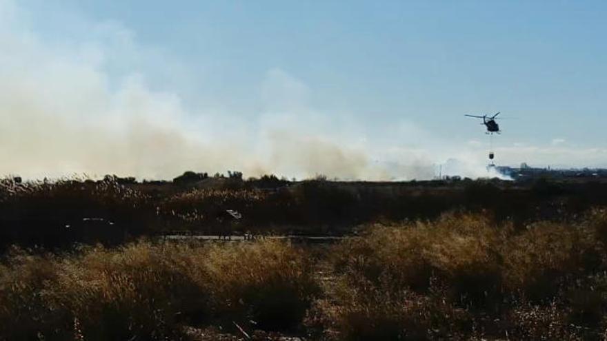 Los bomberos trabajan en la extinción del incendio en el Marjal del Moros