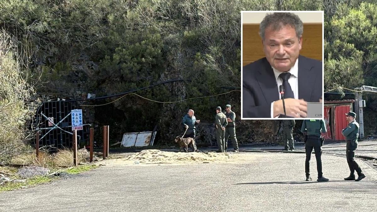 Guardia Civil en la mina de Cerredo durante la investigación del accidente. En el recuadro, Gonzalo Martín Morales.