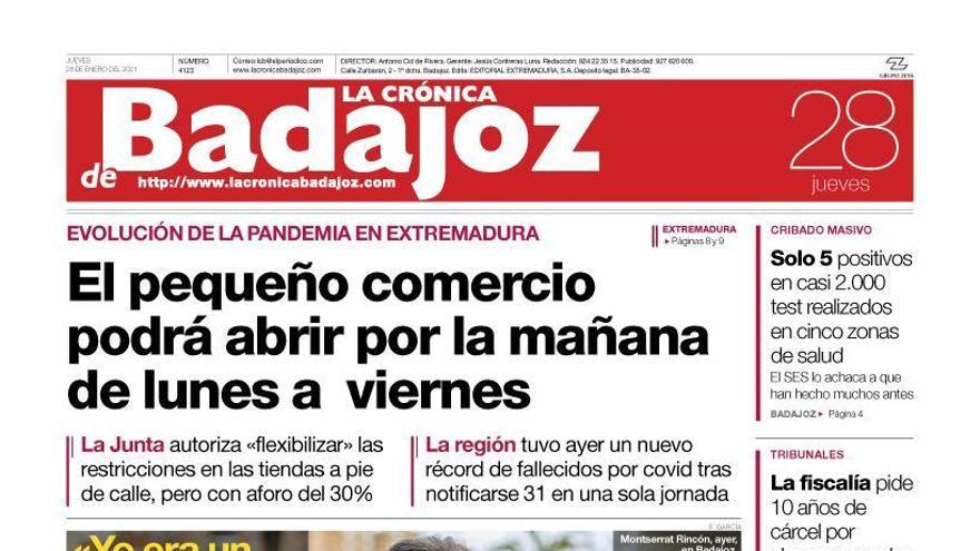 Esta es la portada de LA CRÓNICA DE BADAJOZ correspondiente al día 28 de enero del 2021