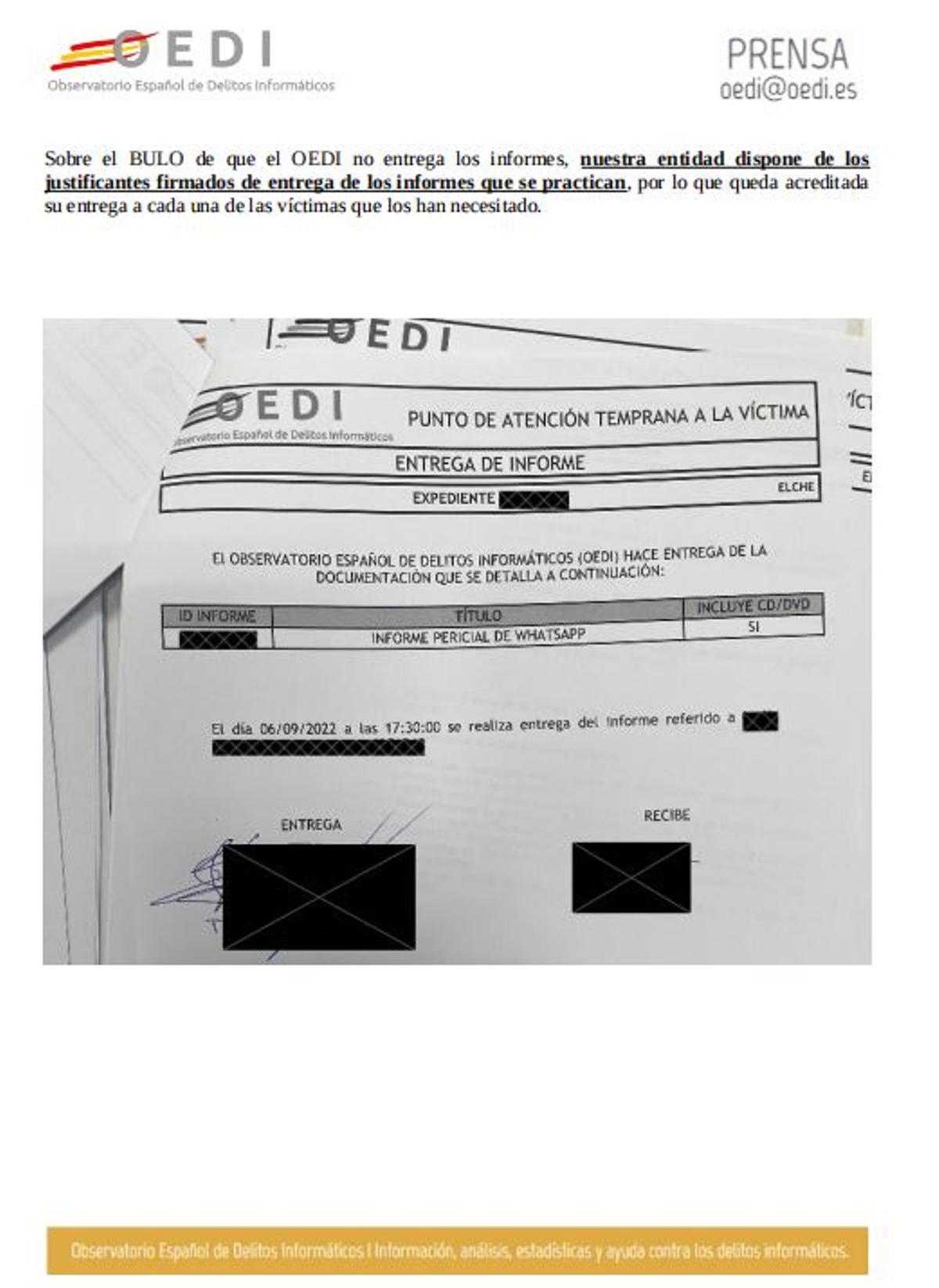 Documento enviado por la OEDI para acreditar su labor donde reproduce uno de los expedientes, con los datos borrados