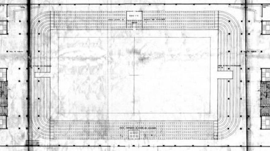 Planta del pabellón municipal de deportes, a escala 1:100 en el plano, que data del año 1965.