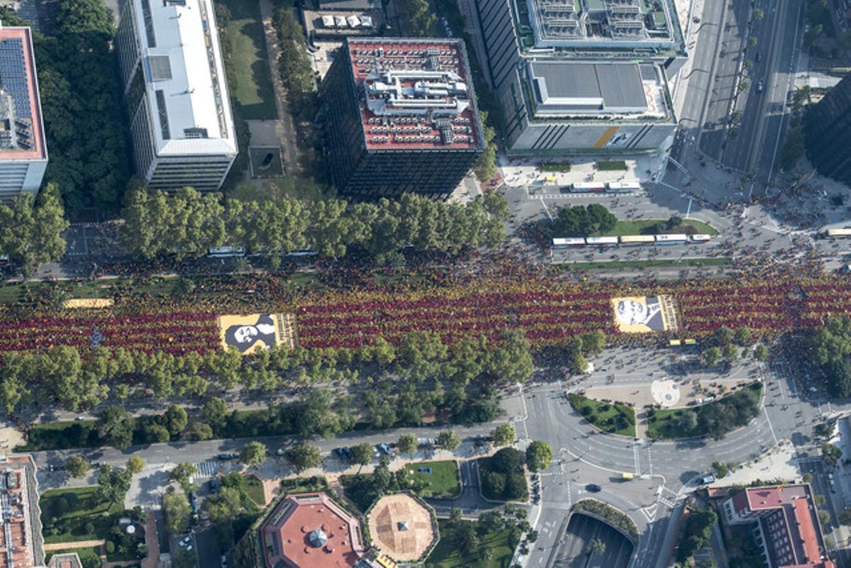 La ’V’ de la Via Catalana, al seu pas per l’avinguda Diagonal, amb cartells amb les cares de líders polítics internacionals.