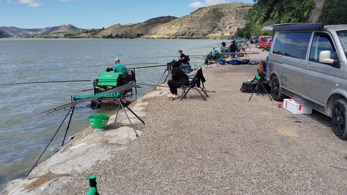 Pescadores en la orilla del pantano de Mequinenza, en una foto de archivo.