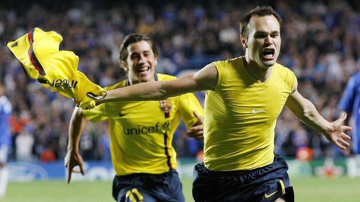 Andrés Iniesta celebra el gol que certifica el pase del F.C. Barcelona a la final de la Champions del año 2009