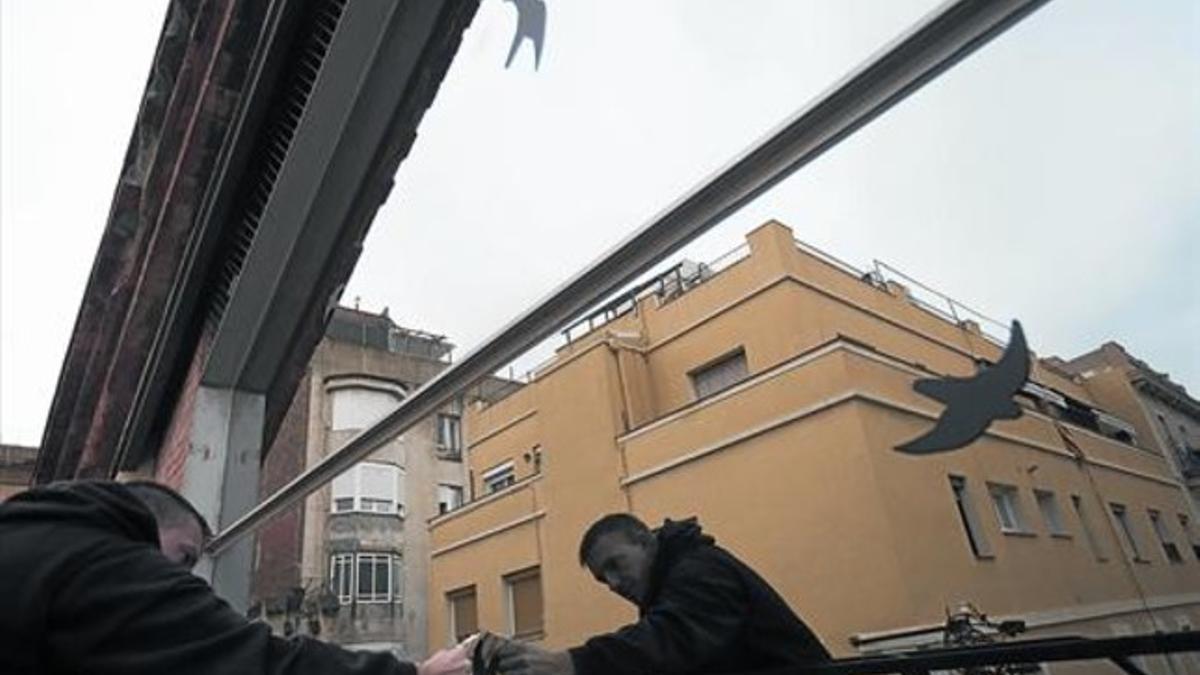Instalación de siluetas adhesivas en la gran fachada acristalada del mercado del Clot, el pasado jueves, para evitar la colisión de pájaros desorientados.