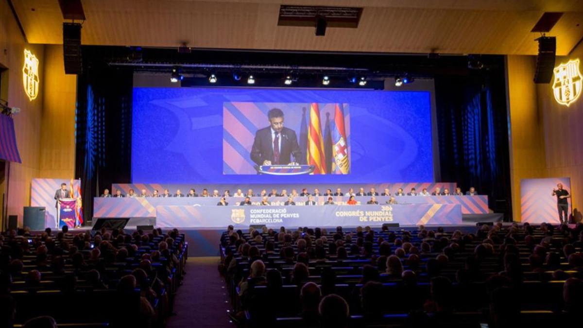 Bartomeu, durante su discurso en el Congreso Mundial de Peñas