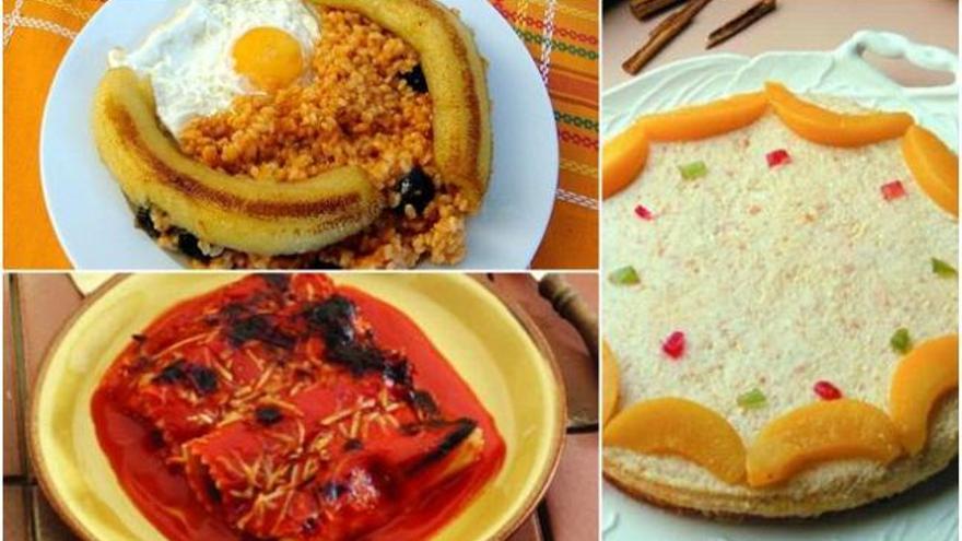 Arroz a la cubana, canelones y quesada de frutas.