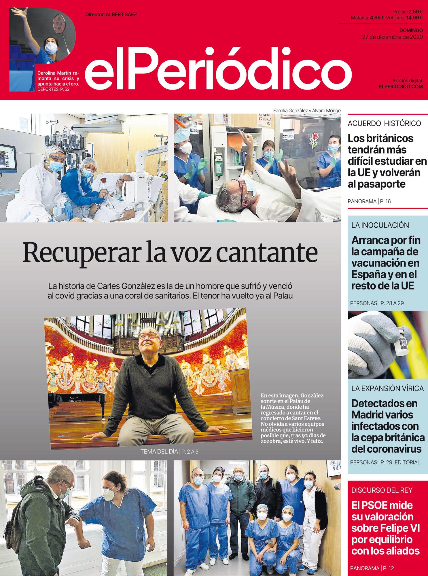 La portada de EL PERIÓDICO del 27 de diciembre del 2020