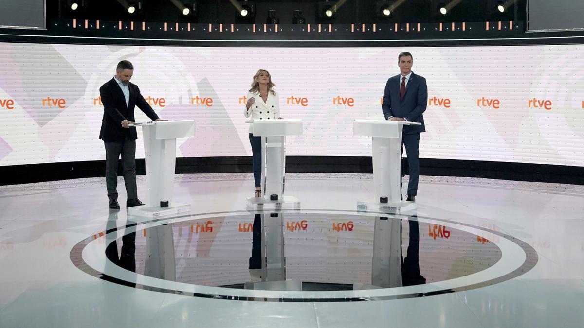 Madrid. 19.07.2023. Debate en RTVE para las elecciones generales del 23J en el que participan Pedro Sánchez (PSOE), Yolanda Díaz (Sumar) y Santiago Abascal (Vox).