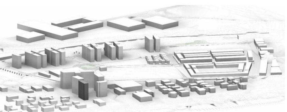 Recreación de la ubicación -en negro- del edificio propuesto