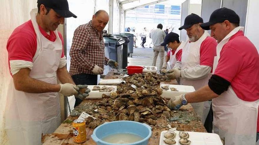 Empleados y jefe de Mariscos Tito, en la trastienda. // R. Grobas