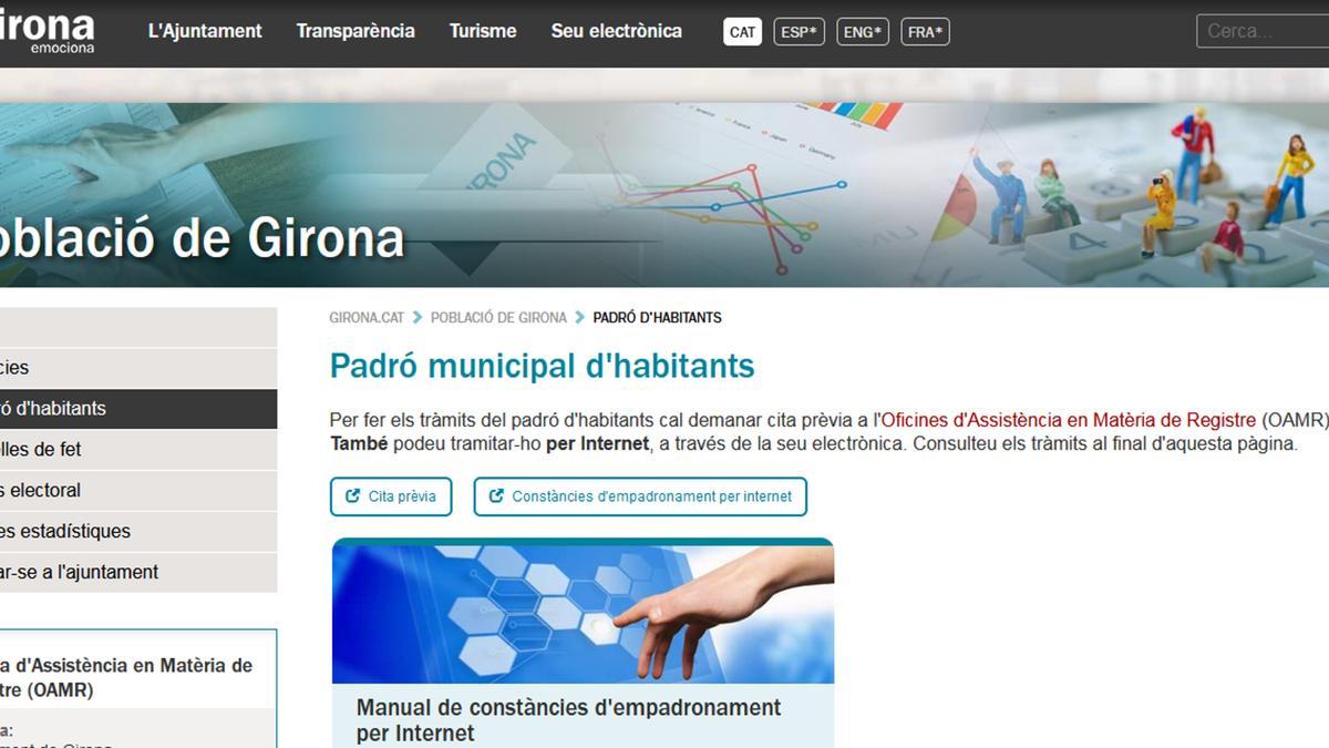 Captura de pantalla de la nova pàgina web que ha creat l&#039;Ajuntament de Girona per fer tots els tràmits del padró de manera 100% electrònica. Imatge del 20 de setembre del 2021 (Horitzontal)