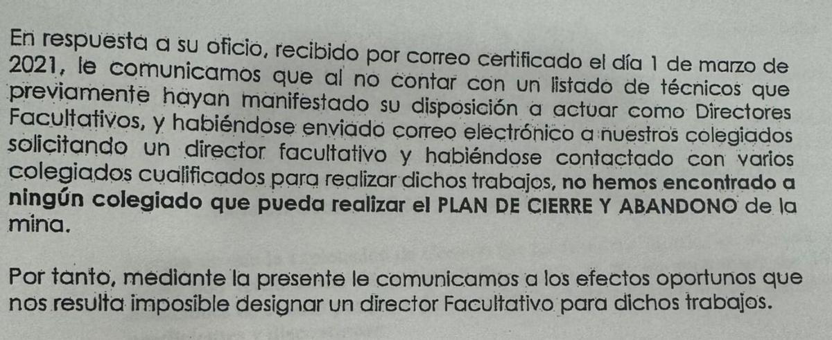 Respuesta del facultativo de Blue Solving al juez cuando se transmitió la titularidad de la mina en 2021.