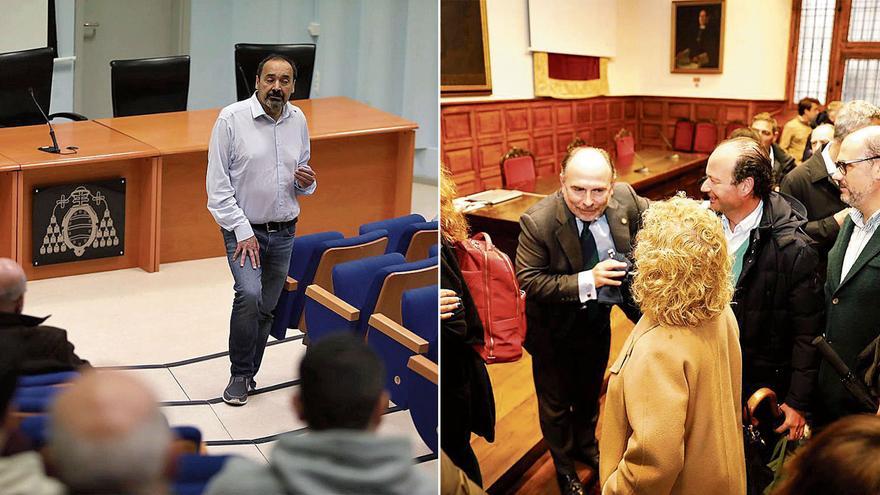 Juan Manuel Cueva Lovelle, en la Escuela Politécnica de Gijón; a la derecha, Ignacio Villaverde, en su último acto, en el edificio histórico de la Universidad, en Oviedo.