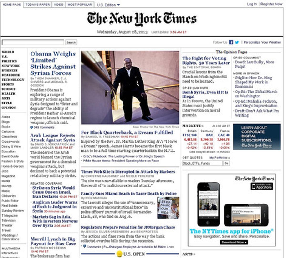 La portada del diari ’New York Times’, una vegada restablert el servei.