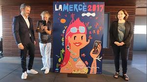 Jaume Collboni, Javier Mariscal y Ada Colau, frente al ’olímpico’ cartel de la Mercè 2017.