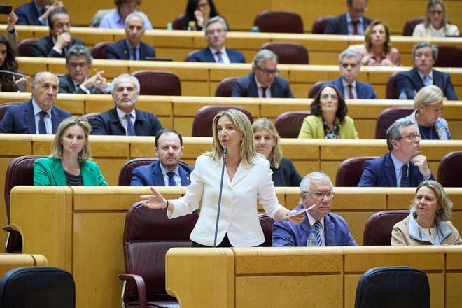 La portavoz del Partido Popular en el Senado, Alicia García Rodríguez, durante una sesión plenaria en el Senado, a 23 de abril de 2024, en Madrid (España). Hoy la oposición pregunta al Gobierno, entre otras cuestiones, por el aumento del precio de la vivi