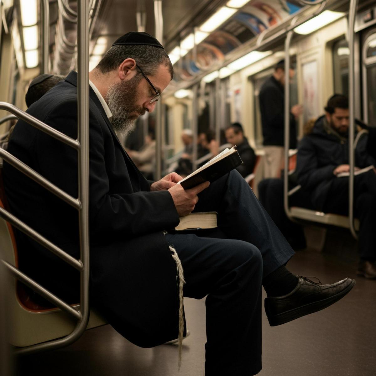 Un hombre lee en el metro.