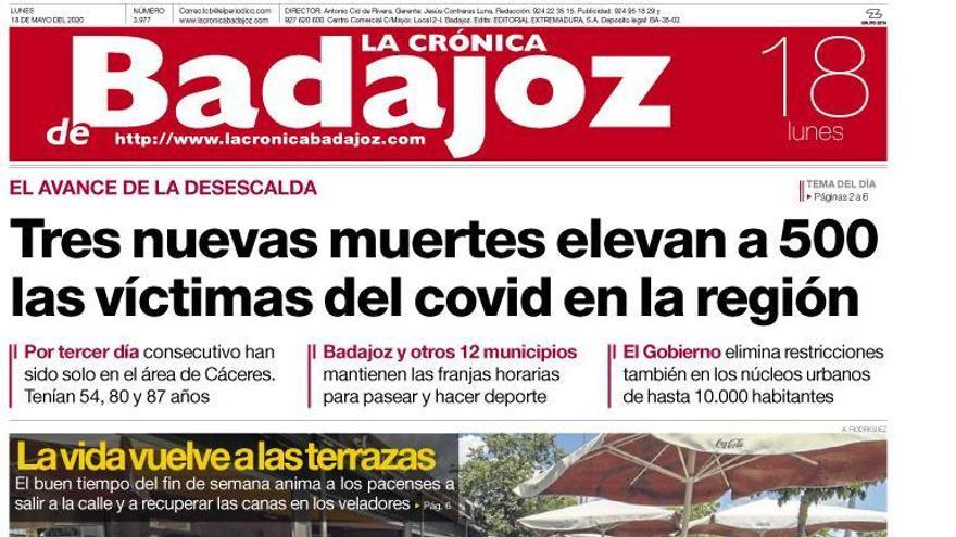 Esta es la portada de LA CRÓNICA DE BADAJOZ correspondiente al día 18 de mayo del 2020