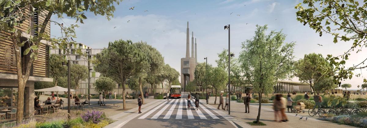 Recreación virtual del futuro barrio de las Tres Xemeneies, con la vía para ciclistas y buses que atravesará por medio de las torres de la antigua central térmica en primer plano.
