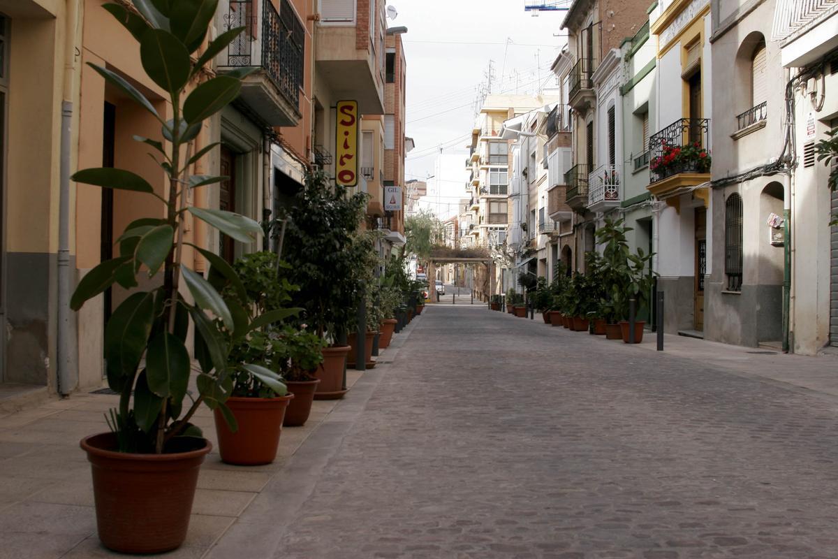 Maceteros en la calle Virgen de Lidón en Castelló.