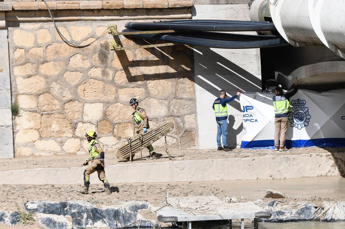 Agentes de la Policía cubren el cuerpo sin vida de la vista de los curiosos que miran desde los puentes.