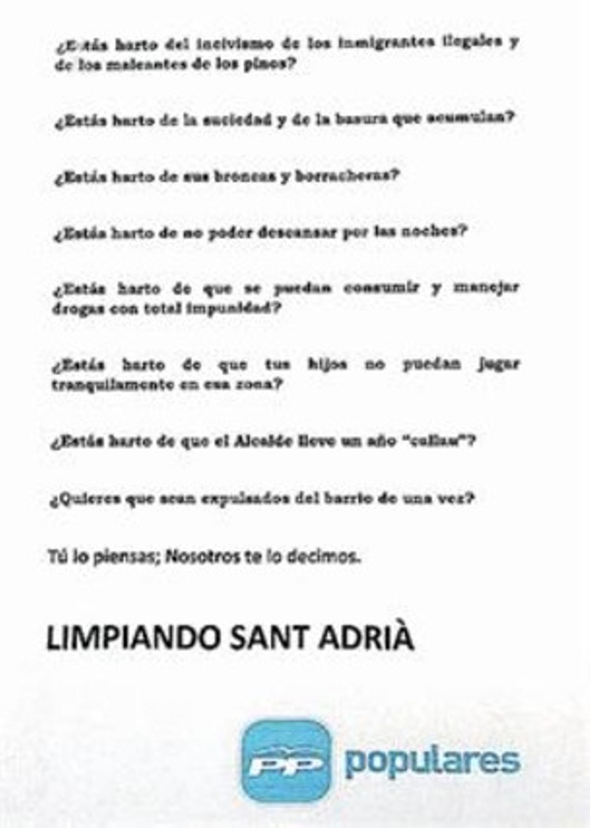 Pamflet del PP de Sant Adrià.