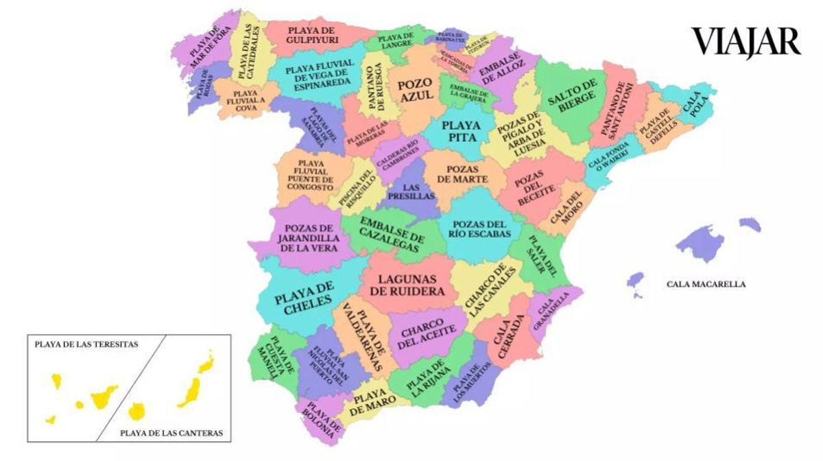 Mapa de la revista Viajar con las playas y piscinas naturales más bonitas de España