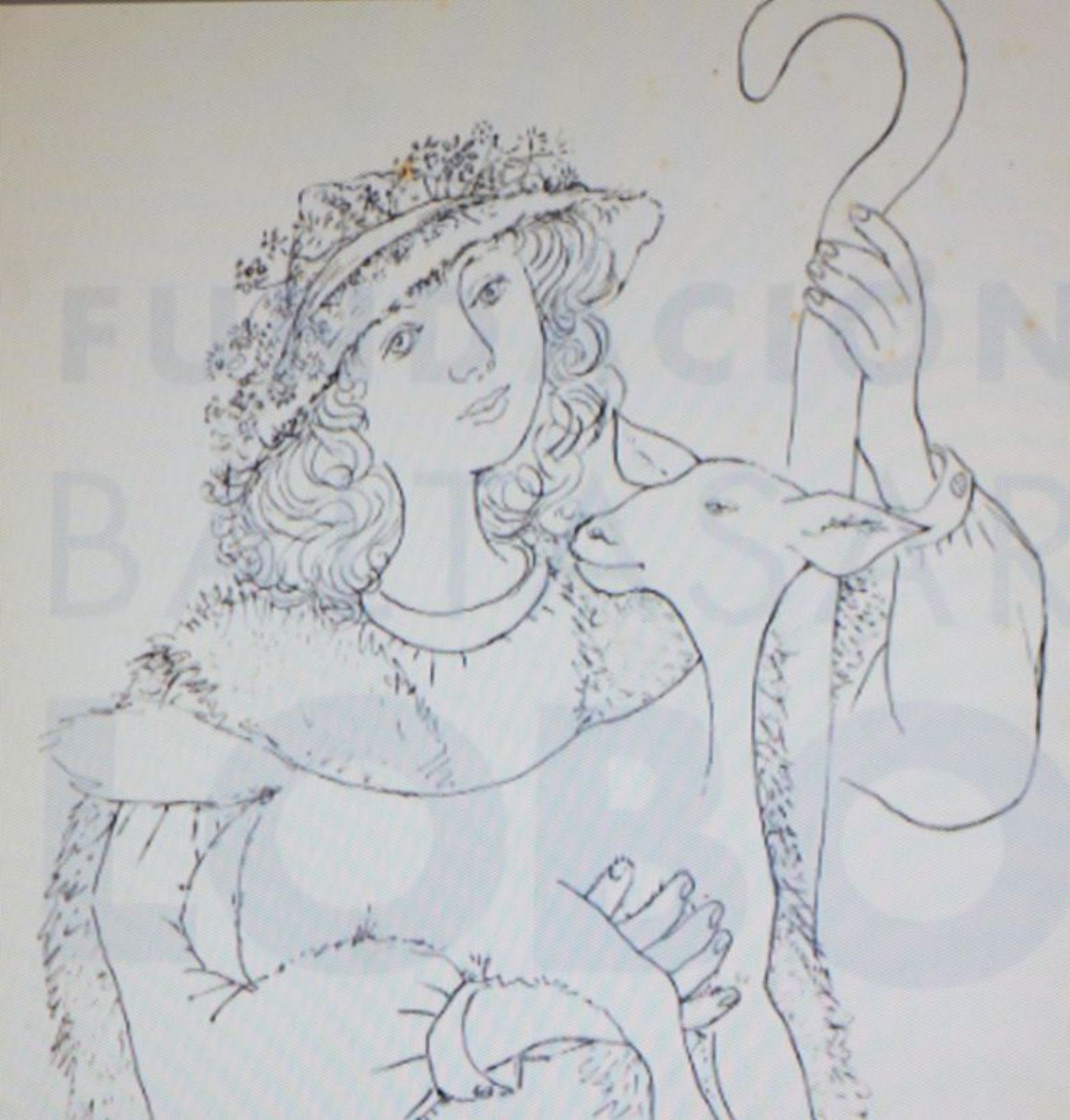 Dibujo a plumilla de una joven pastora con su cordero.