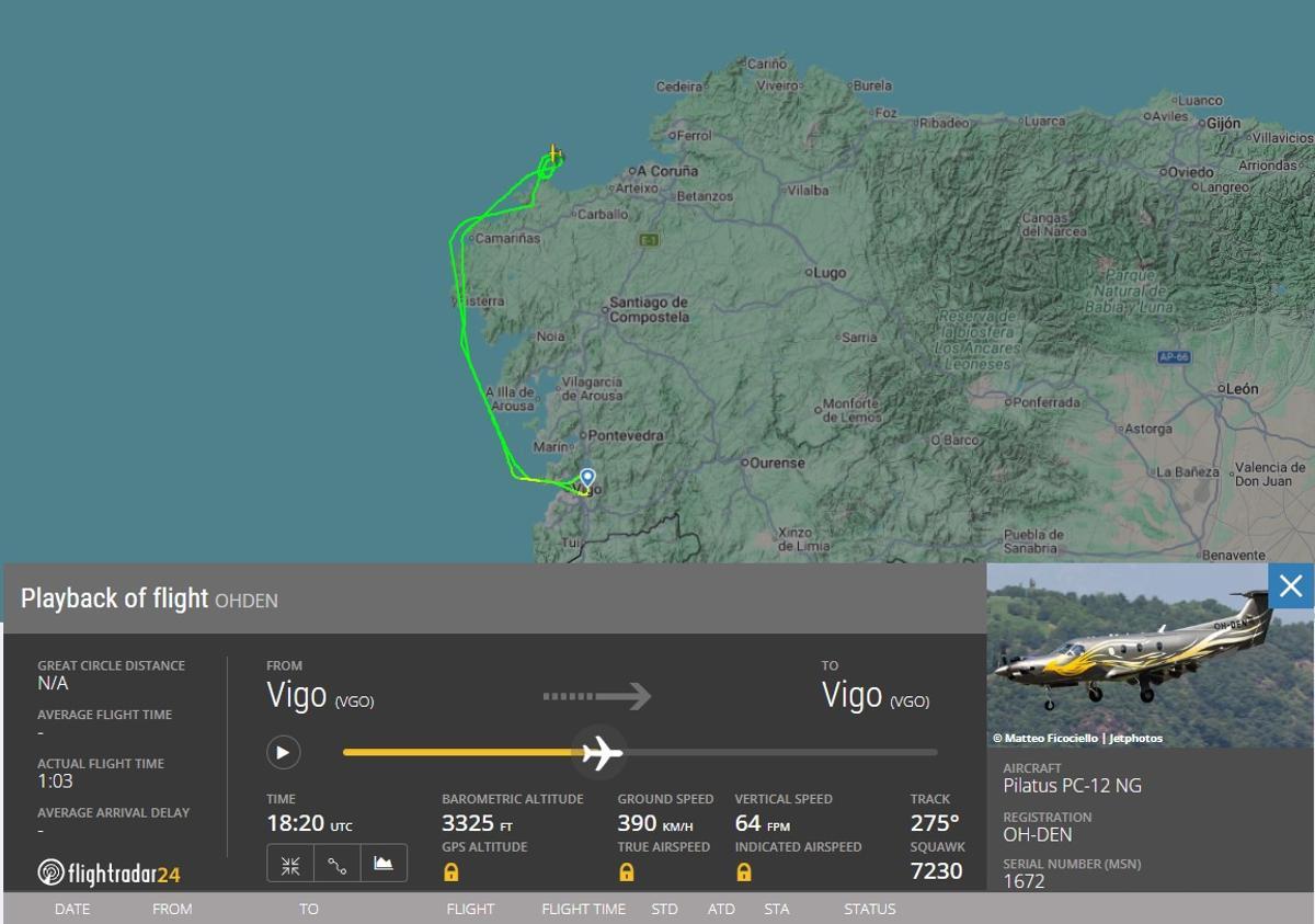 Vuelo del OH-DEN con origen y destino en Vigo para seguir el eclipse frente a la Costa da Morte.