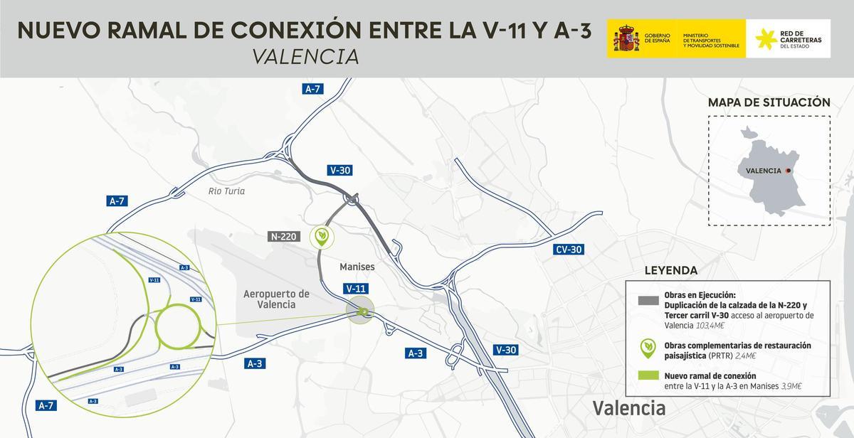 Mapa del nuevo ramal de acceso a la autovía A-3 desde la carretera V-11, en Manises.