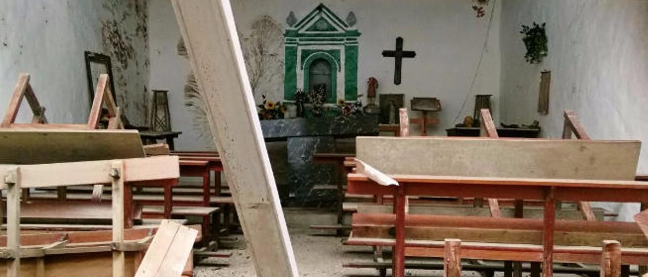 Interior de la ermita de San Juan, en Guía, con el mobiliario destrozado por los actos vandálicos.