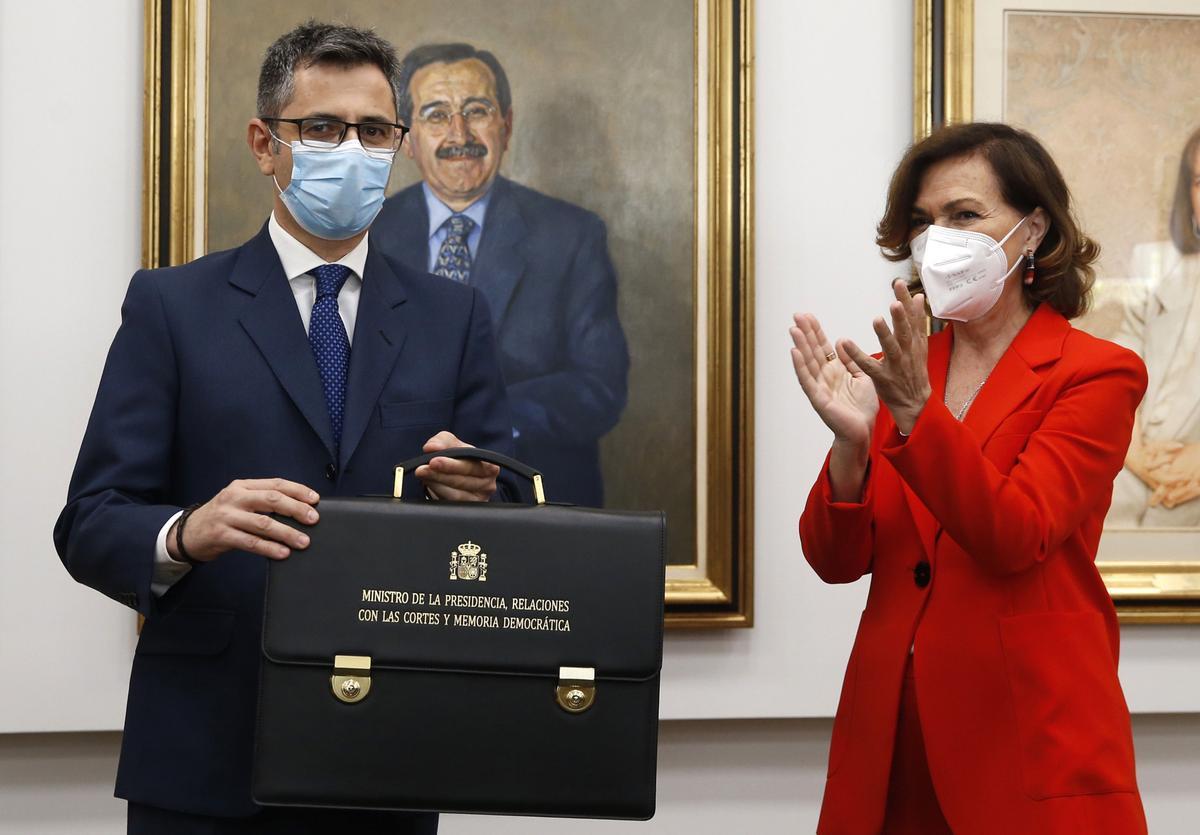 12/7/2021. Carmen Calvo traspasa la cartera del Ministerio de la Presidencia a Félix Bolaños, dos días después de la profunda crisis de Gobierno en la que Pedro Sánchez relevó a siete de sus ministros.