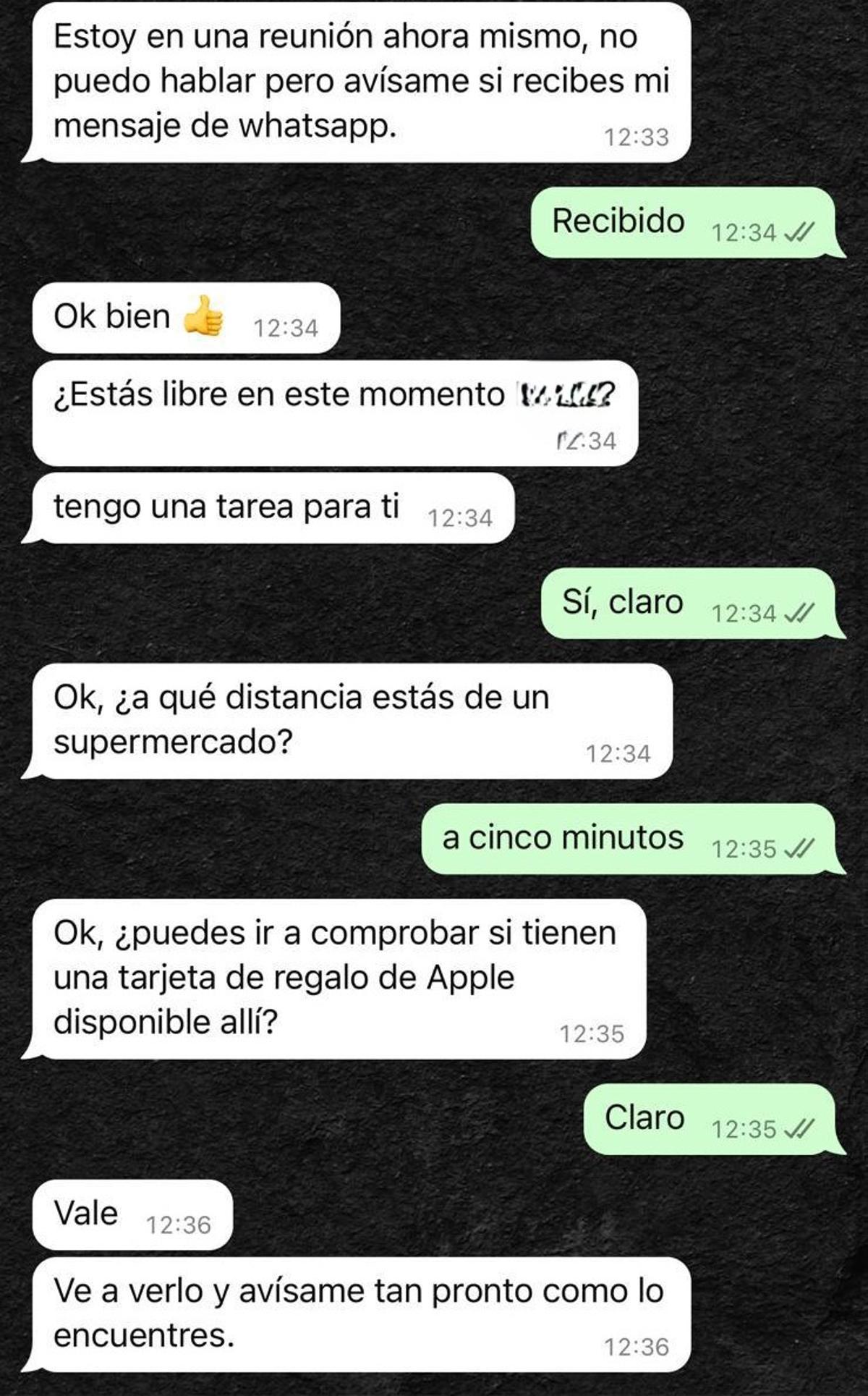 Extracto de la conversación por Whatsapp del estafador con la trabajadora