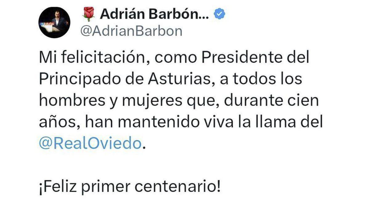 El mensaje de felicitación de Barbón. | X