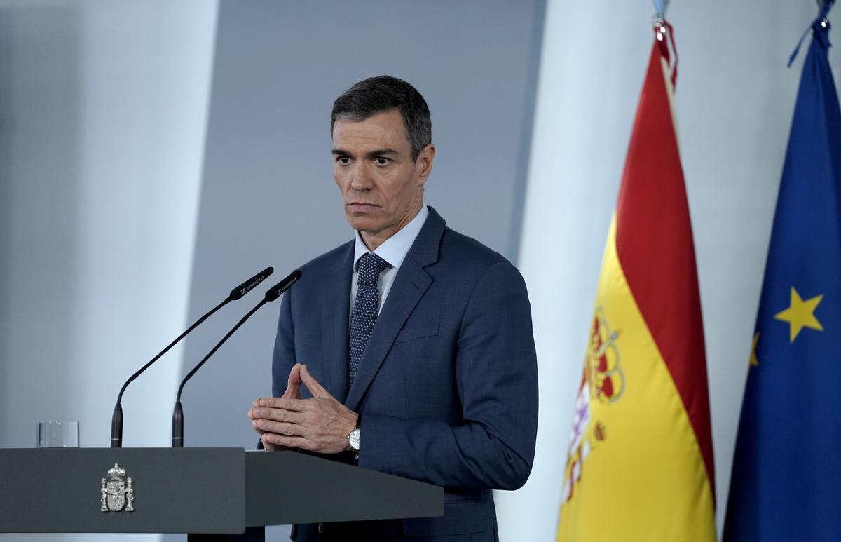 Madrid. 20.03.2026. Pedro Sánchez, presidente del Gobierno, durante su comparecencia después del Congreso de Ministros extraordinario