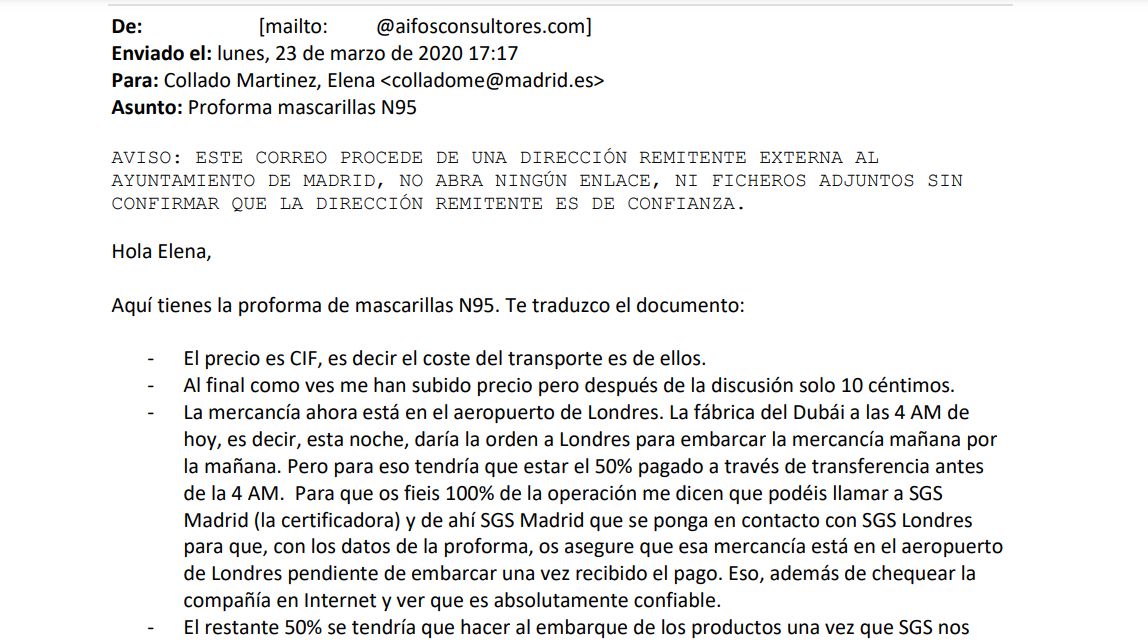 'Email' donde la administradora de Aifos presenta la oferta de Sinclair &amp; White