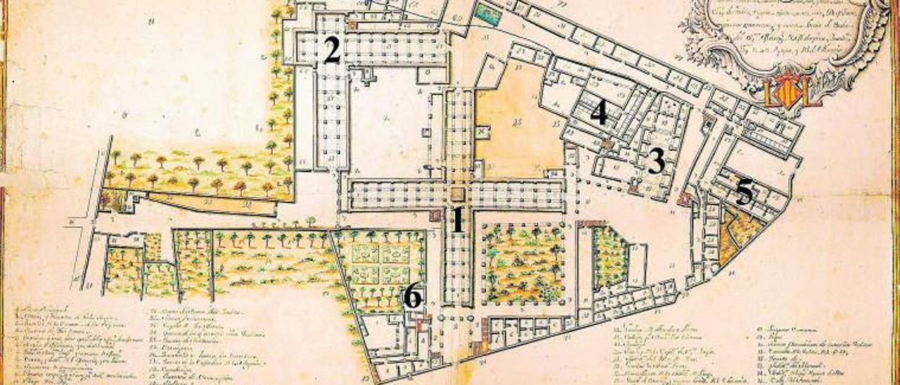 Plano de 1749. (1) Quadra de Febres (2) Quadra de Mal de Siment (3) Iglesia (4) Quadra de Orades (5) Quadra de Orats (6) Casa y Huerto del Vicario.