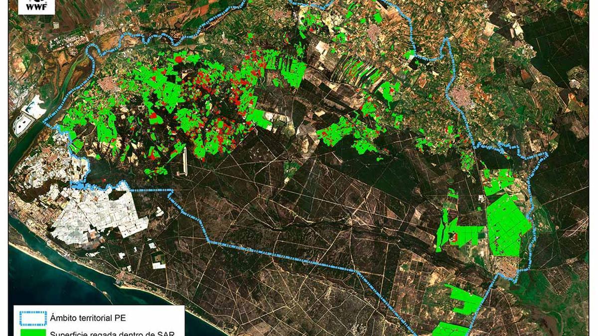 Mapa las fincas de regadío en Doñana fuera de superficie agrícola regable.