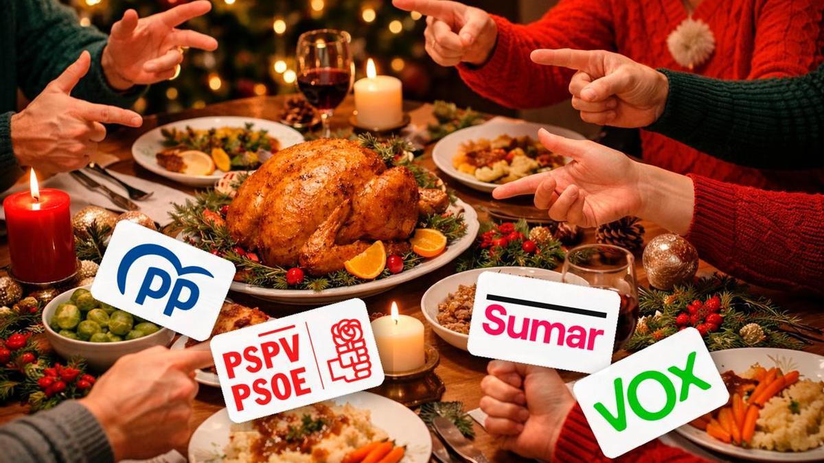 Recreación de una cena de Nochebuena con los logos de los partidos con mayor representación en el Congreso, en una imagen generada con IA
