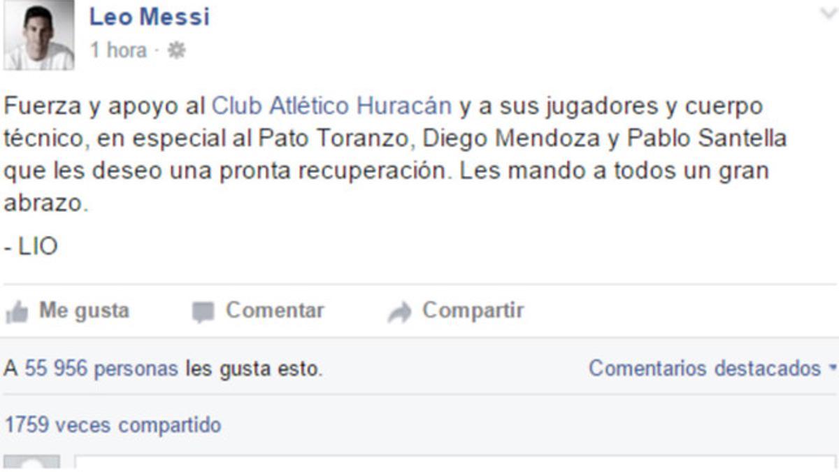 Leo Messi ha publicado un mensaje de apoyo a la plantilla de Huracán