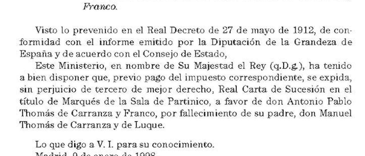 Orden, en el BOE, por el que se concedió el marquesado al actual titular.